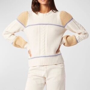 Joie Ivor Colorblock Chunky Cable Knit Wool Sweater Womens XS Cream Old Money